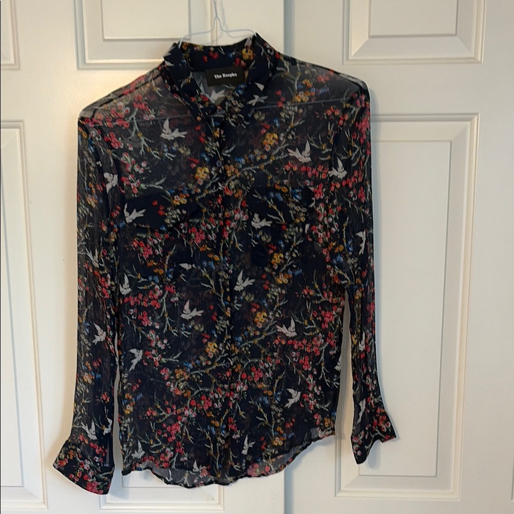 The Kooples Women's Navy Floral Bird Print Button-Up Blouse